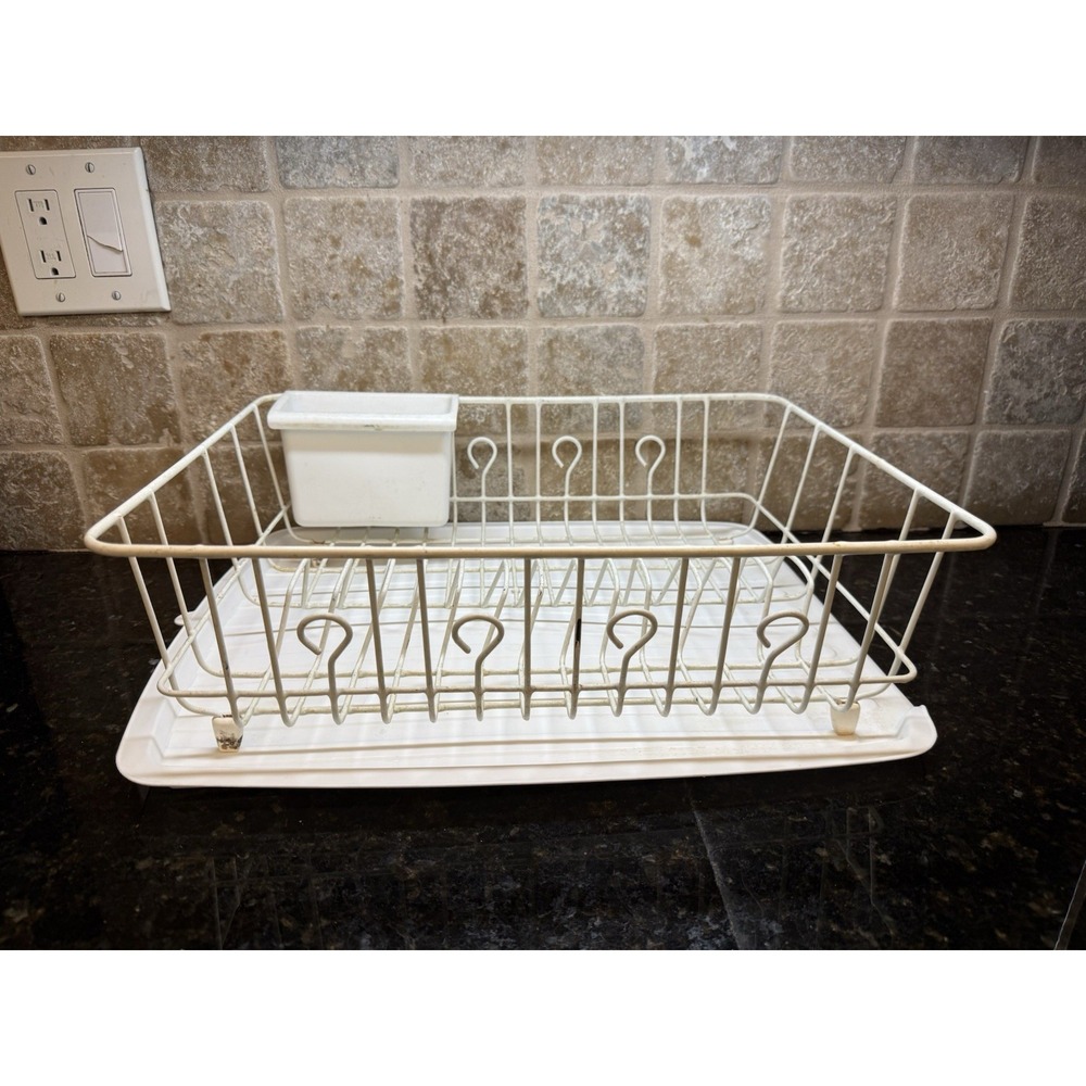 Vintage Rubbermaid White Coated Dish Drying Rack W/Silverware Cup & Drain Mat